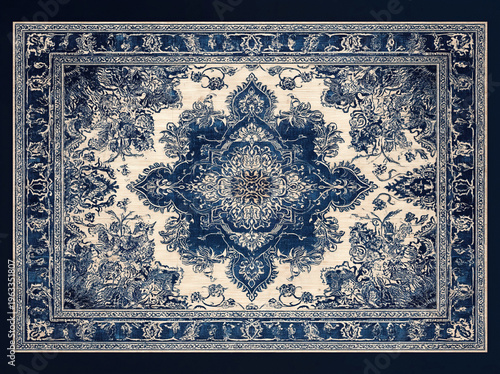 Oriental rug top view in pale gold and navy blue, intricate pattern design, persian carpet texture, vintage decor with even studio lighting, copy space, authentic antique style
