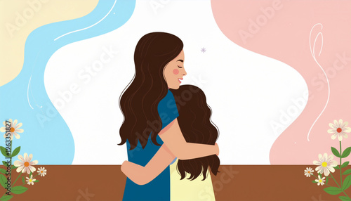 Mother’s Day Vector Illustration of Happy Mom Hugging Child