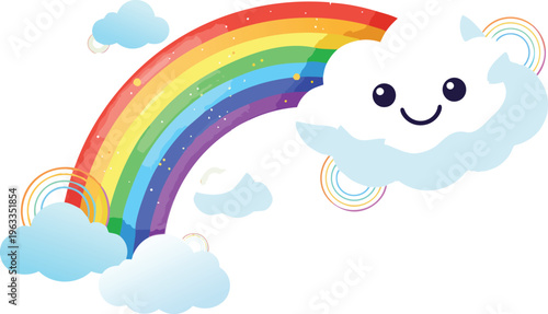 Whimsical Colorful Rainbow Arc Leading into a Happy Cute Smiley Face Cloud Character with Blush Cheeks Representing Hope Happiness Joy and Good Luck Isolated