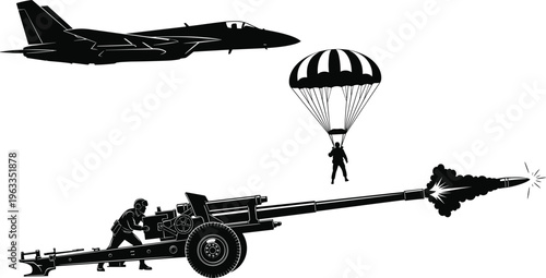 Black silhouettes of fighter jet parachuter and missile launcher