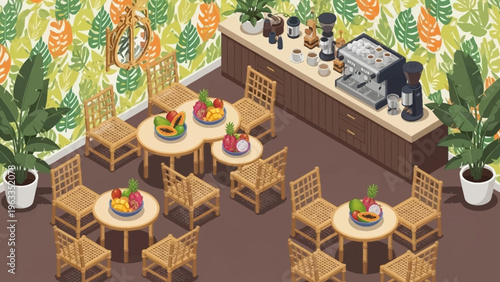 Coffee Shop Interior with Tables and Chairs.