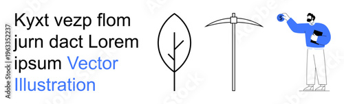 Technology, environmental care, global exploration, resources, knowledge sharing, minimal designs. A leaf, a pickaxe and a person with a globe and text. Environmental care and global exploration