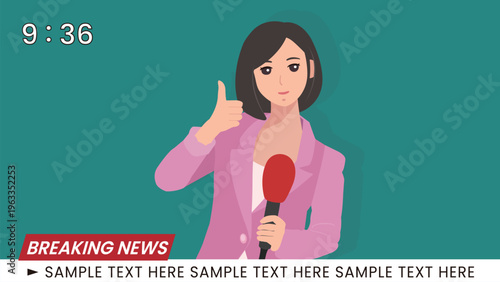 Female News Reporter Giving Thumbs Up on Breaking News TV Screen Background Vector Illustration