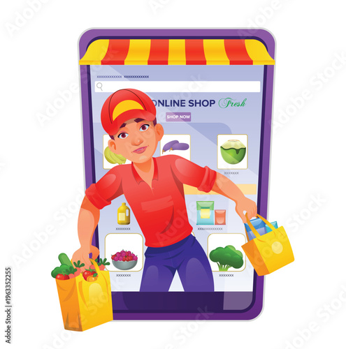 Online Food and Grocery Delivery Service Concept, Online Fresh Food Market App Concept with Delivery Service Illustration