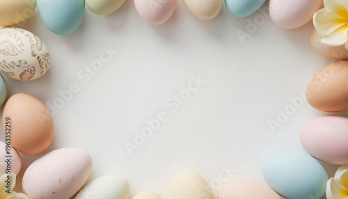 Arrangement of colorful eggs creating a cheerful pattern on a white background.