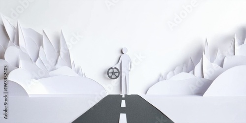Papercraft scene depicts person facing road. Wheelchair nearby suggests overcoming obstacles, journey, resilience. Minimalist style, stark contrast.