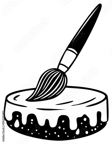 Artist paintbrush dipping into white paint on a dark textured surface splattering droplets