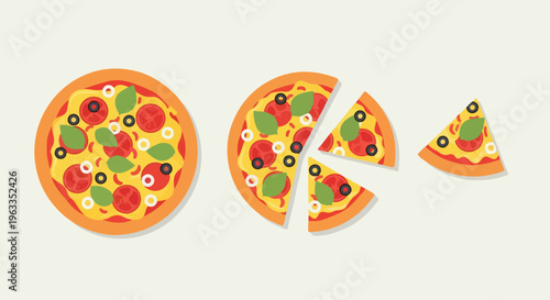 Flat lay illustration of a whole pizza and two slices with various toppings on a plain background.