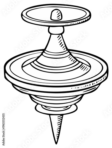 Hand Drawn Sketch of a Spinning Top, Children's Toy, Black and White Illustration, Childhood Games, Vintage Toy