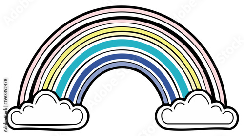 Vibrant rainbow arc with fluffy clouds on either side a symbol of hope and good fortune