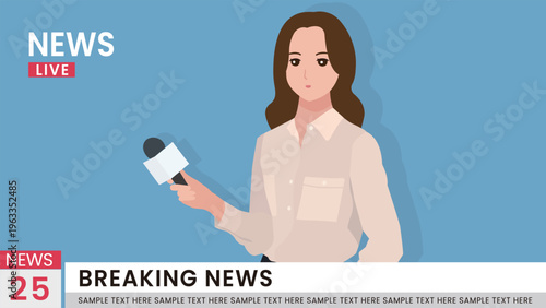 Female Journalist Holding Microphone for Live Breaking News TV Report Illustration Vector