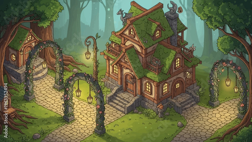 Fantasy Cottage with Mossy Roof and Path.