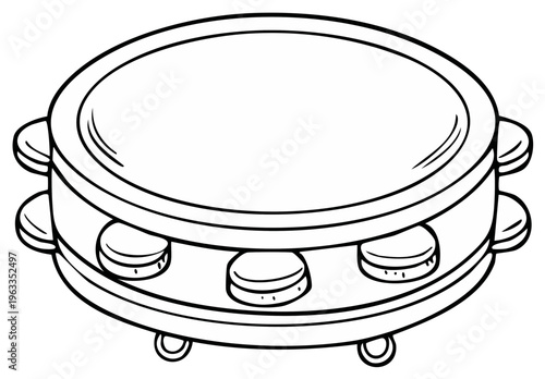 Line Art: Musical Tambourine. Illustration of Percussion Instrument with Jingles for coloring or educational use.