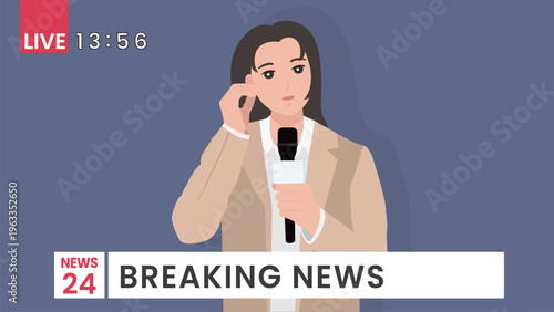Female Journalist Listening to Earpiece and Holding Microphone for Breaking News Live Broadcast Vector Illustration