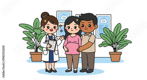 Cartoon illustration of a pregnant woman with her partner and a doctor in a medical office with plants