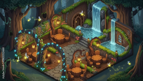 Fantasy Forest Scene with Waterfall and Lights.