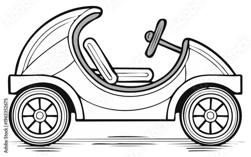 Whimsical outline drawing of a vintage-inspired children's toy car with a unique fin-like canopy and steering wheel