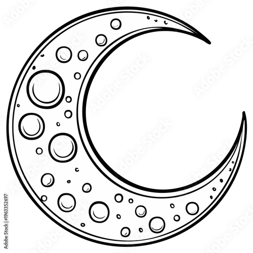 Crescent Moon with Crater Details Outline Illustration
