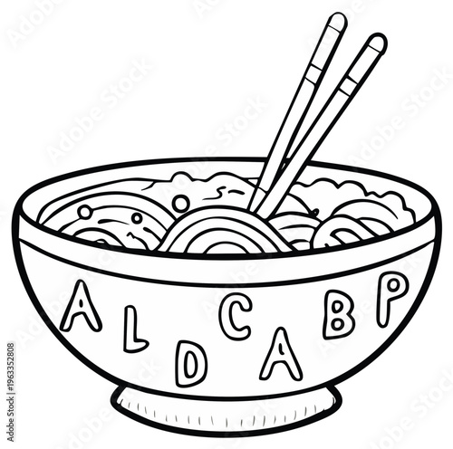 Noodle bowl with chopsticks and alphabetic letters on side drawn in black and white line art