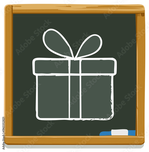 Chalkboard drawing of a gift box with a ribbon and bow tied on top