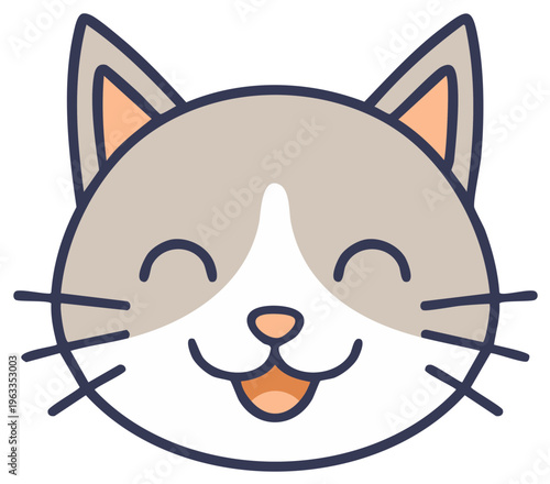 Joyful cartoon cat face with eyes closed and a wide smile showing tongue and teeth