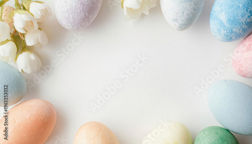  Variety of colorful decorative eggs around an Easter table.