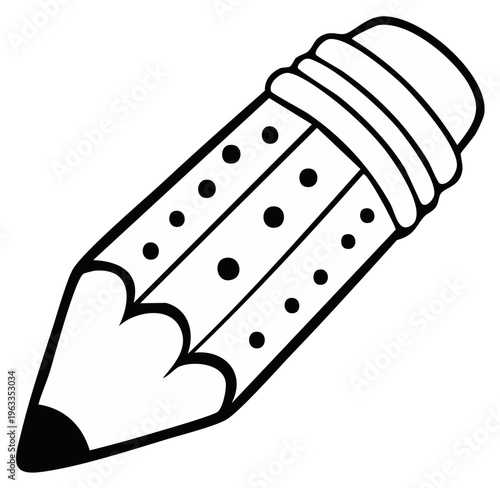 Cartoon drawing of pencil in black and white style with eraser and dots on the body.