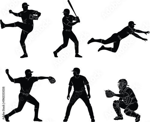 Baseball player silhouette collection featuring pitcher batter catcher and sliding athlete isolated on white background for sports league branding and team tournament vector design (24 words)