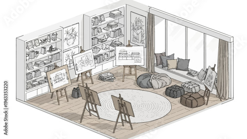 Artist Studio with Easels and Paintings.