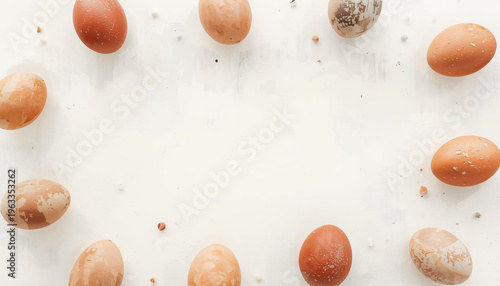 Colorful Easter eggs arranged around an empty space.