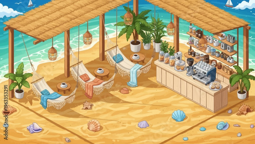 Beachside Bar with Lounge Chairs and Palm Trees.