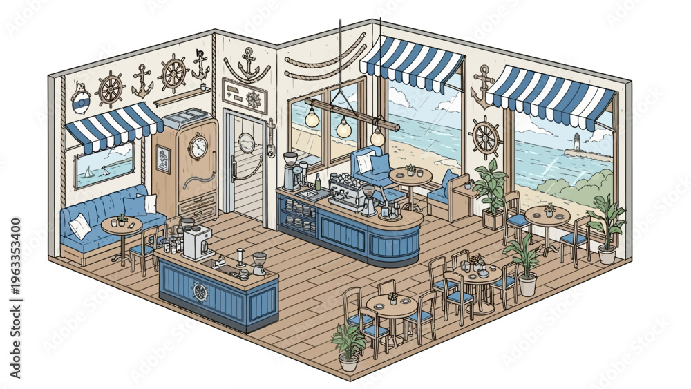 Obraz premium Beachside Restaurant Illustration with Blue Awnings and Decking.