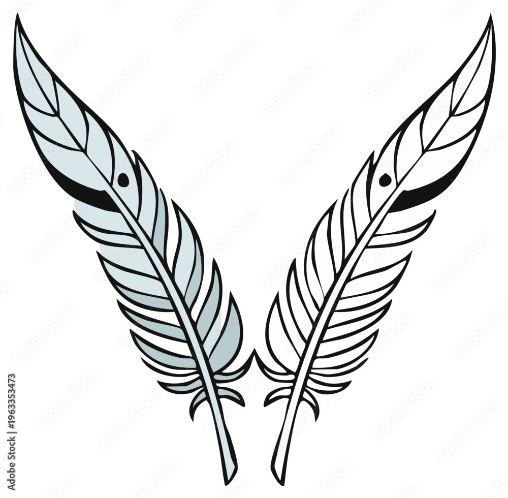 Obraz premium Two decorative feathers in a symmetrical arrangement with stylized details