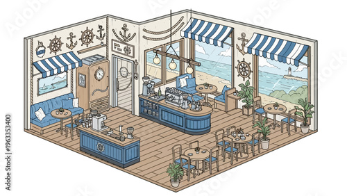Beachside Restaurant Illustration with Blue Awnings and Decking.