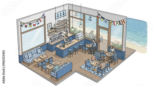 Beachside Restaurant Interior Design Illustration.