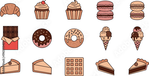 Dessert and Bakery Icon Set Featuring Croissant Cupcakes Macarons Donuts Chocolate Ice Cream and Cake Slices for Sweet Food Menu Design