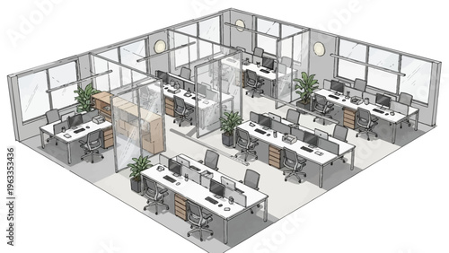 Modern Office Space with Cubicles and Desks.