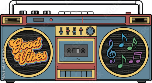 Vintage Retro Boombox Stereo With Vibrant Colorful Musical Notes and Inspirational Good Vibes Text Graphic