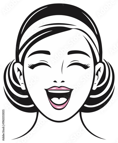 Woman with joyful expression smiling and laughing with eyes closed in artistic illustration