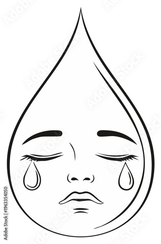 Water droplet crying face illustration, line art