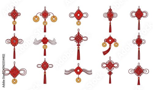 Elegant Chinese knot ornament set with coins tassels and geometric patterns for lunar festival and cultural decoration design