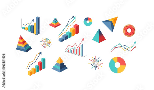 Abstract business data visualization collection with colorful bar line pie and pyramid charts for marketing and presentation design