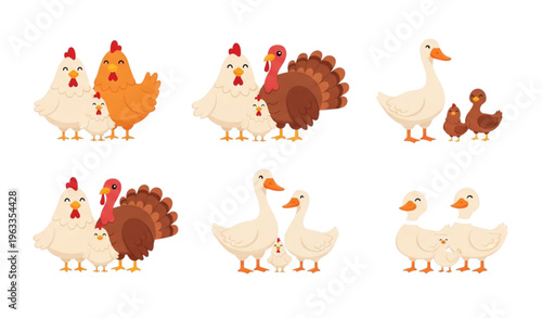 Cute poultry bird family set with chicken duck goose and turkey characters for children education and kids illustration