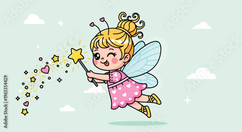 A cheerful cartoon fairy with blonde hair and a pink dress flies while holding a sparkling wand with stars and glitter against a light green background with clouds.
