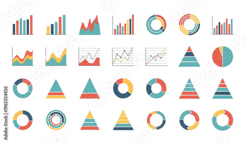 Colorful statistical charts and diagrams set with bar line pie and pyramid graphs for business data analysis and reports
