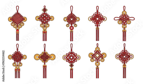 Traditional Chinese lucky knots with coins and tassels in red and gold decorative vector set for prosperity and festive design