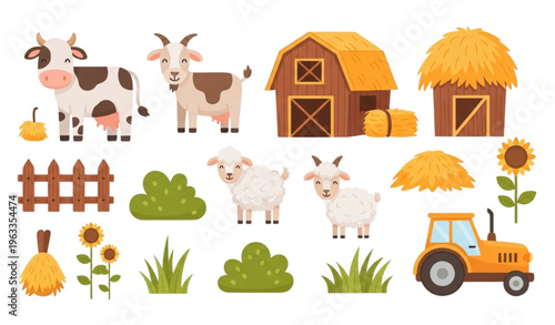 Cute cartoon farm set with cow goat sheep tractor barn and sunflower elements for children education and nursery design