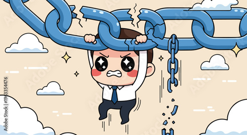 A stressed businessman struggles to hold up a large blue chain against a beige background with clouds and sparkles.