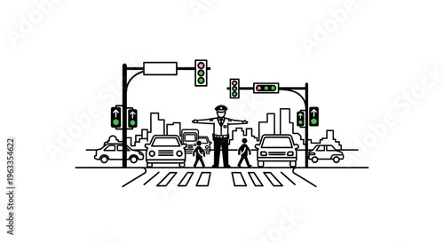 Police officer directing traffic at a busy city intersection with cars and pedestrians crossing the street under traffic lights with Traffic Control with Law Enforcement