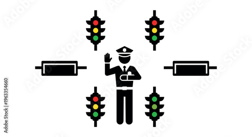 Stylized police officer directing traffic with stop hand signal, surrounded by traffic lights and barriers, Traffic Control, Law Enforcement